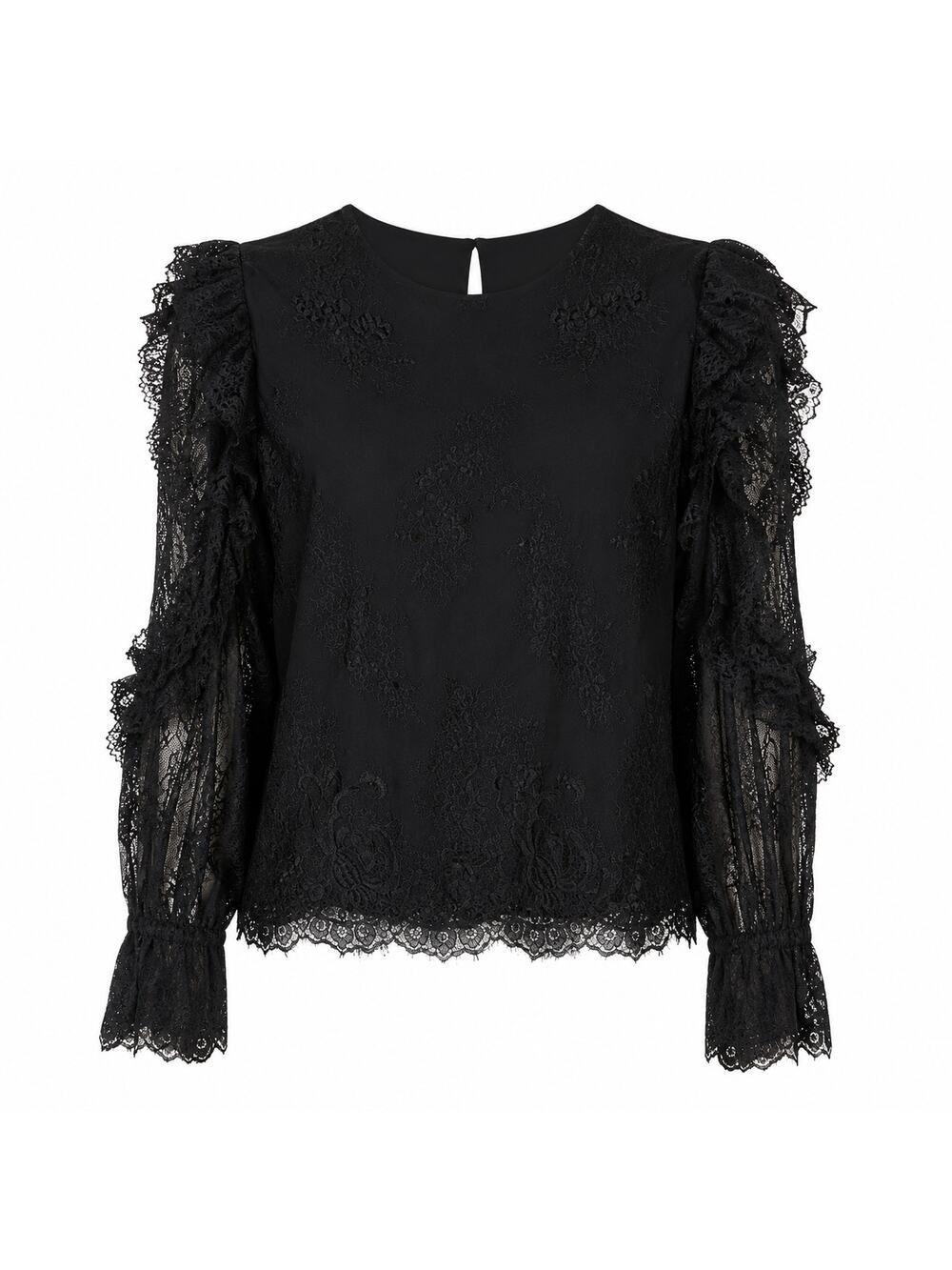 Sweet Rain Womens Sz Small Black Floral Lace Blouse Ruffle Long Sleeve Sheer Top